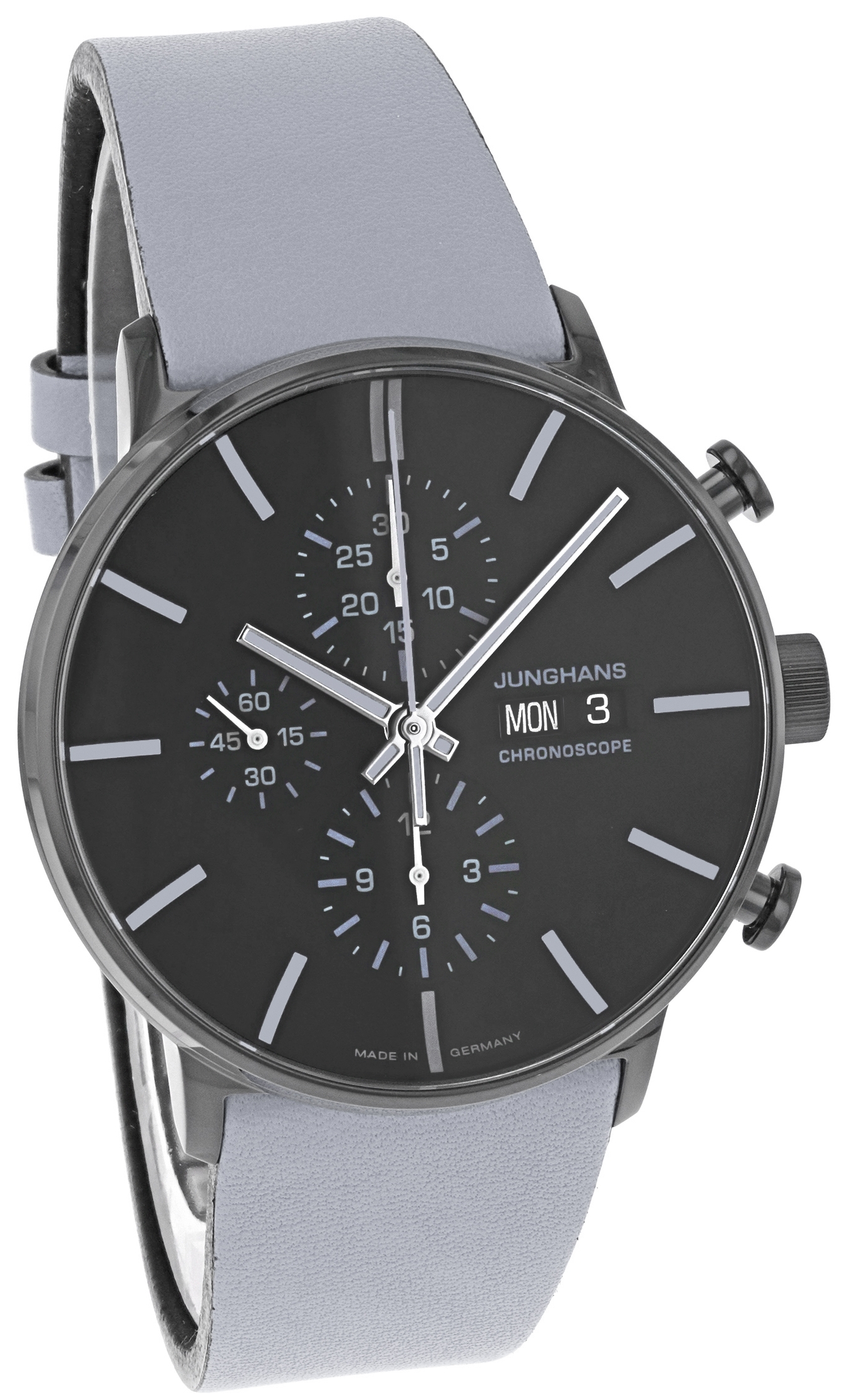 Junghans Herreklokke 27/4371.00 FORM A Chronoscope Sort/Lær Ø42 mm