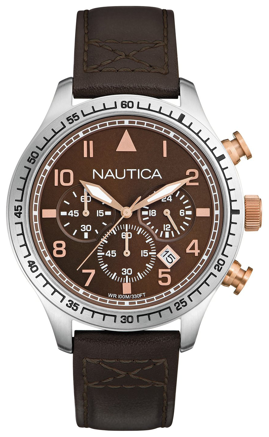 Nautica Chronograph Herreklokke A17655G Brun/Lær Ø44 mm - Nautica