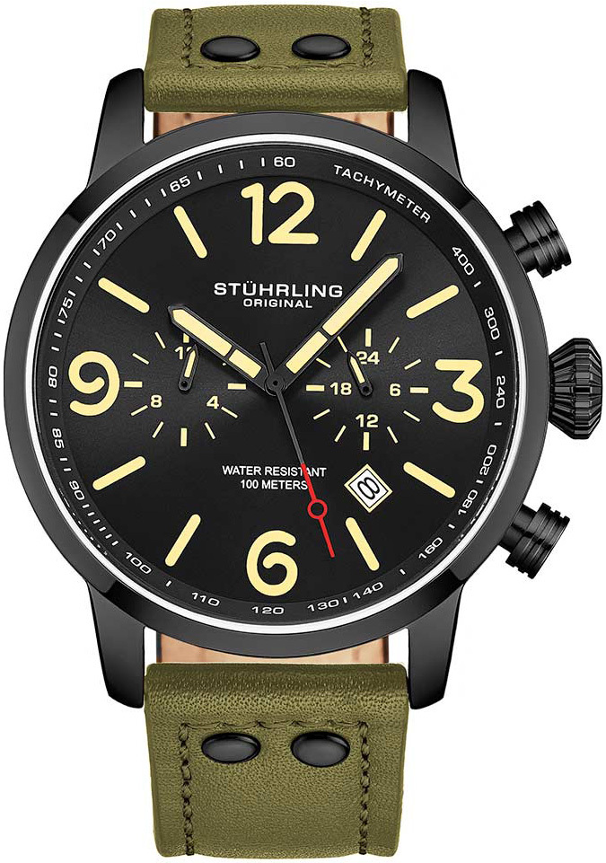 Stührling Original Herreklokke 3956.5 Aviator Sort/Lær Ø45 mm